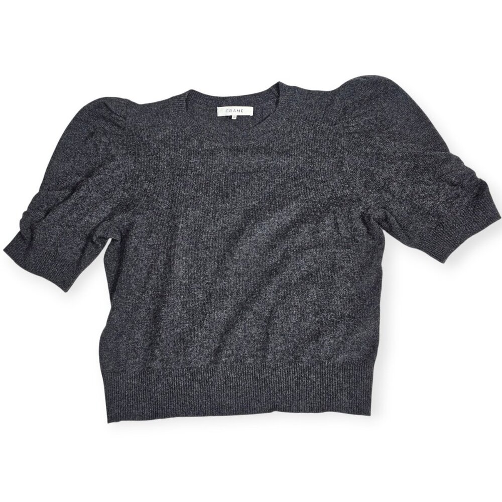 FRAME Heather Ruched Sleeve 100% Cashmere Sweater Large Charcoal Gray